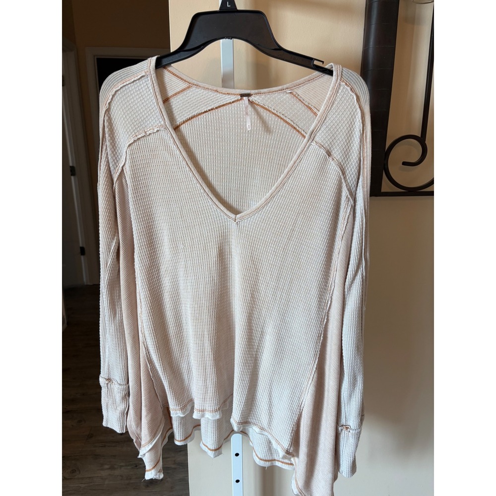 Free People Cream Tan Waffle Knit Thermal V-Neck Oversized Top Medium